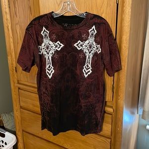 Archaic medium men's tshirt. Dark red with white and some black design